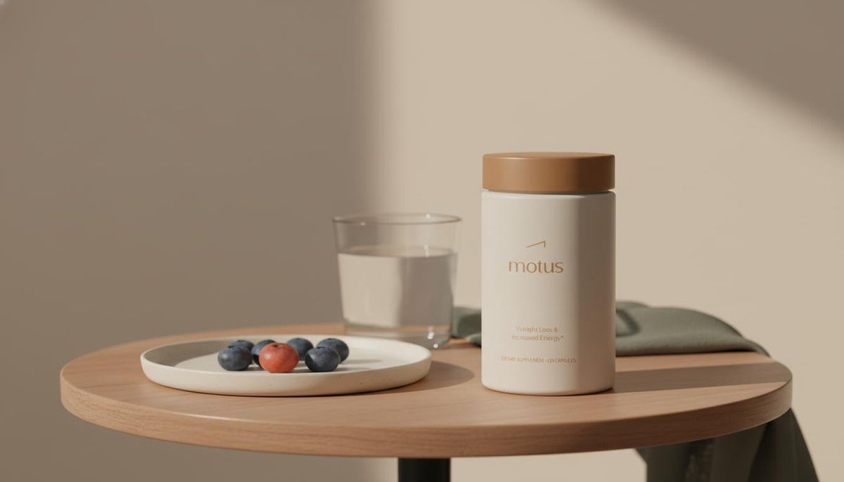 Do Ozempic pills work? Minimalist Tonum banner showing the Motus supplement container on a small wooden table with a glass of water and berries in soft morning light.