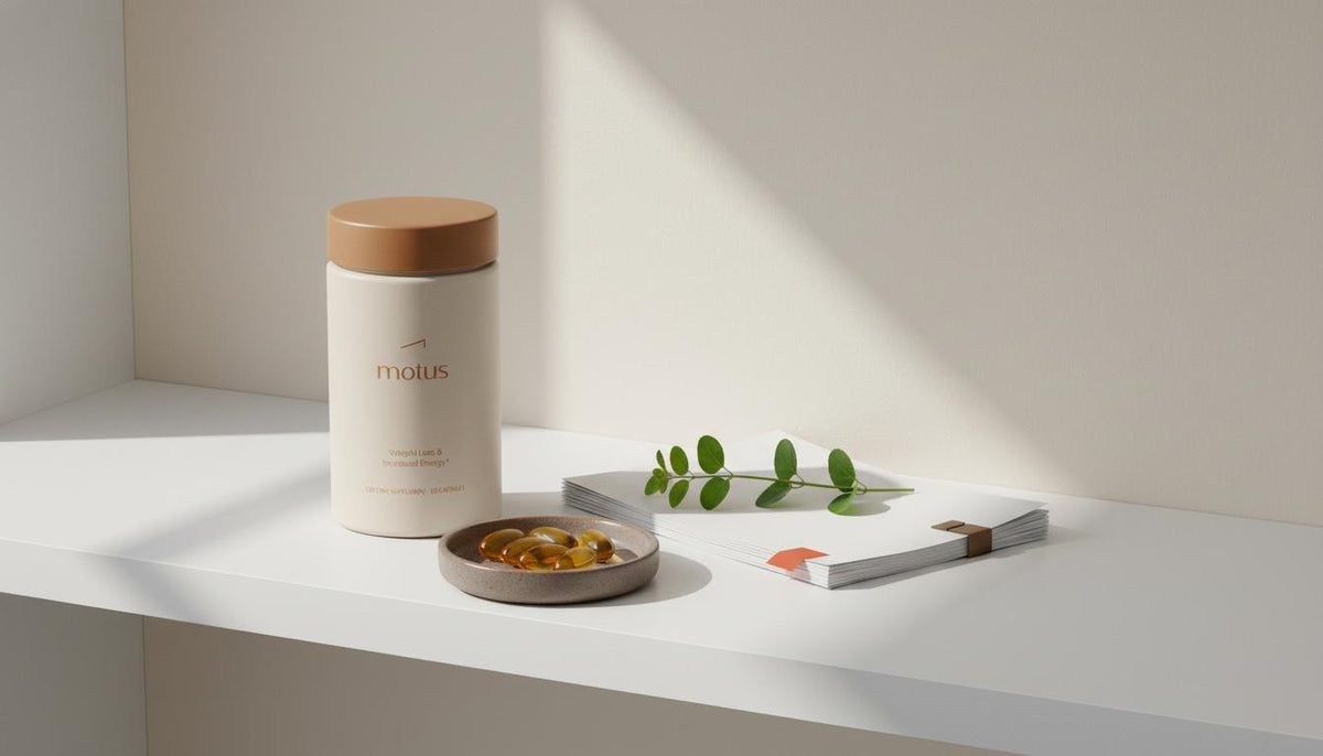 Minimalist still-life of Tonum supplement jar with research papers, bacopa sprig and fish oil capsules, illustrating do supplements improve focus in a clean clinical setting.