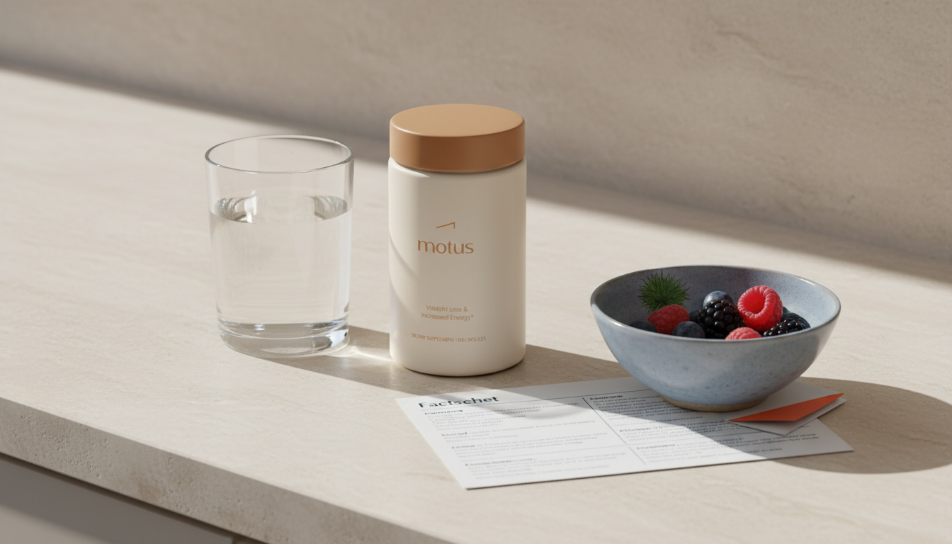 Minimalist sunlit kitchen counter with Tonum Motus jar, glass of water, bowl of berries and milk thistle motif beside a factsheet, suggesting science-backed weight rituals — do thermogenic fat burners work
