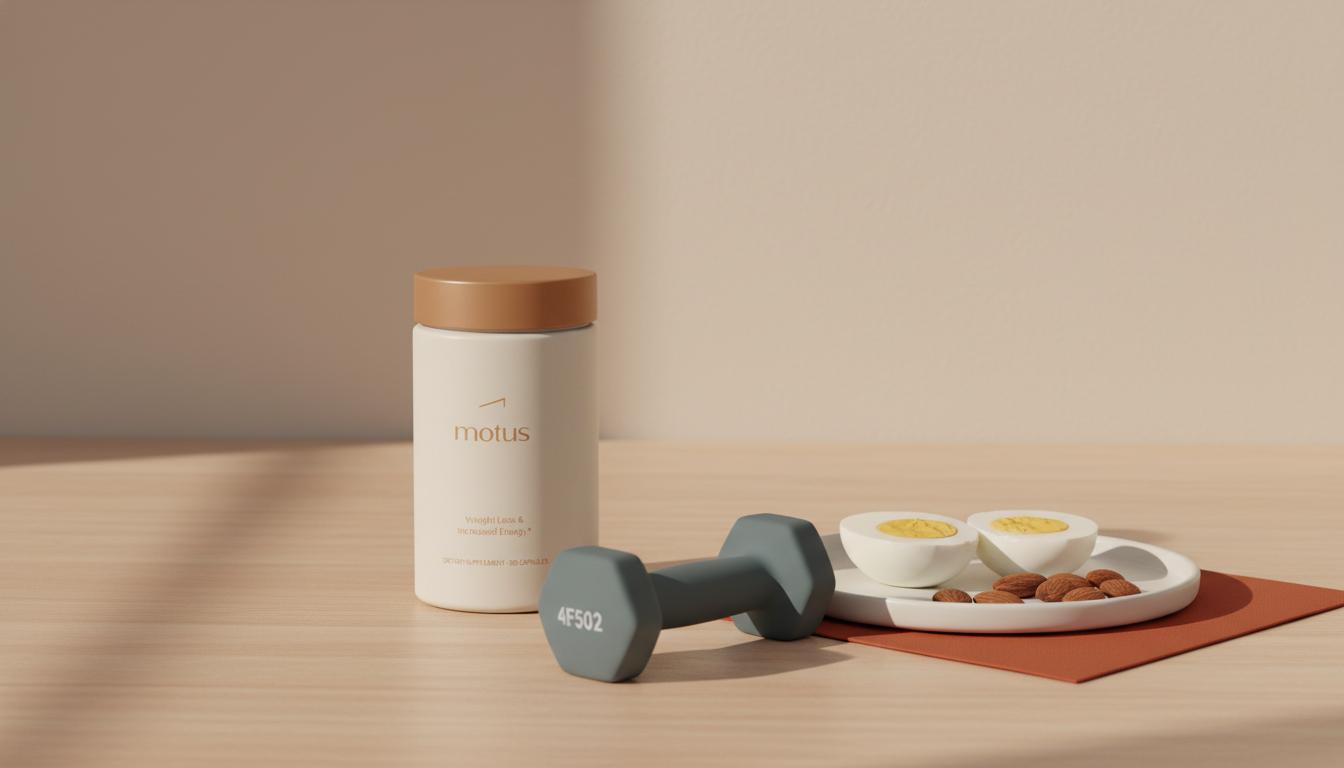 Minimalist still life of Tonum Motus container beside boiled eggs, almonds and a dumbbell on a beige background illustrating do you burn muscle or fat first