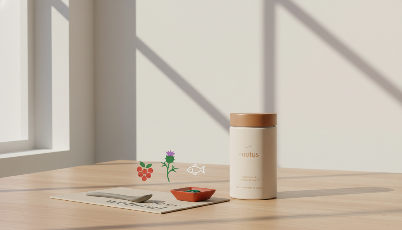 Minimalist Tonum tabletop with supplement jar and natural ingredient icons (berries, milk thistle, fish) in calm brand colors, doctor recommended probiotic shown