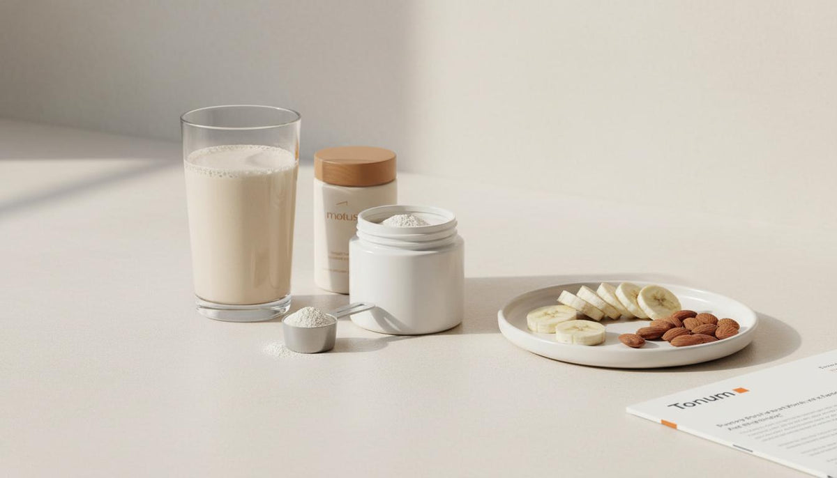 Minimalist kitchen still-life with a glass of protein shake, sliced banana, almonds, open powder jar and Tonum container — doctors recommend protein shakes