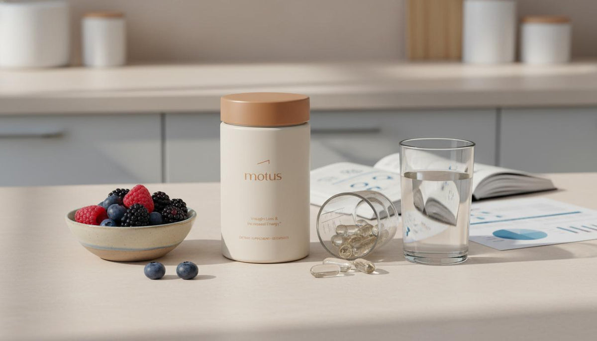 Minimalist kitchen counter with Tonum supplement container, measuring cup of capsules, glass of water and bowl of berries, subtle lab paper in background — does ALA boost metabolism