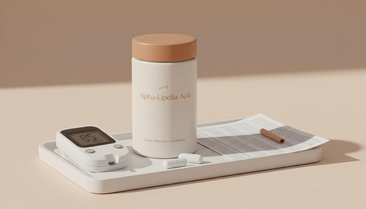 Clinical product photo of Tonum bottle labeled 'Alpha-Lipoic Acid' beside an analog glucose meter and capsules — does ALA lower blood sugar
