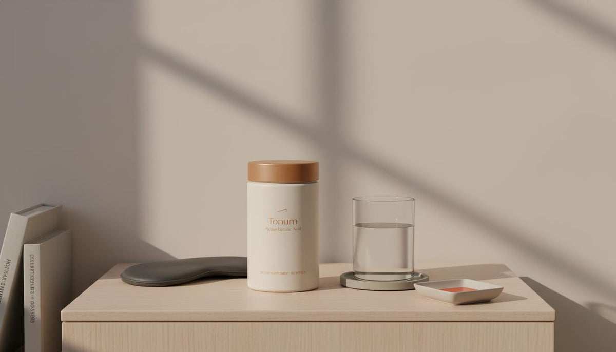 Minimal bedside scene: Tonum supplement jar labeled Alpha-Lipoic Acid beside a glass of water and folded sleep mask on beige background. Does alpha-lipoic acid increase insulin sensitivity?