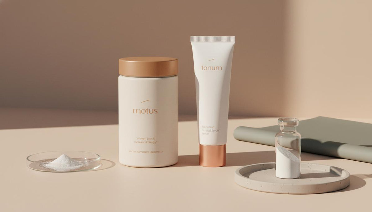 Minimalist still-life of Tonum supplement jar and serum with petri dish and vial on beige tabletop, calm scientific aesthetic — does alpha lipoic acid make you look younger
