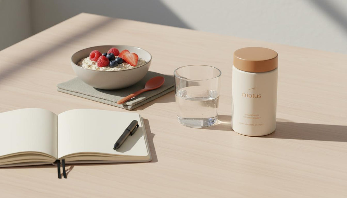 Minimalist Tonum banner: Motus supplement container on a wooden table with water, oats and open notebook in calm scientific mood — does any pill curb appetite