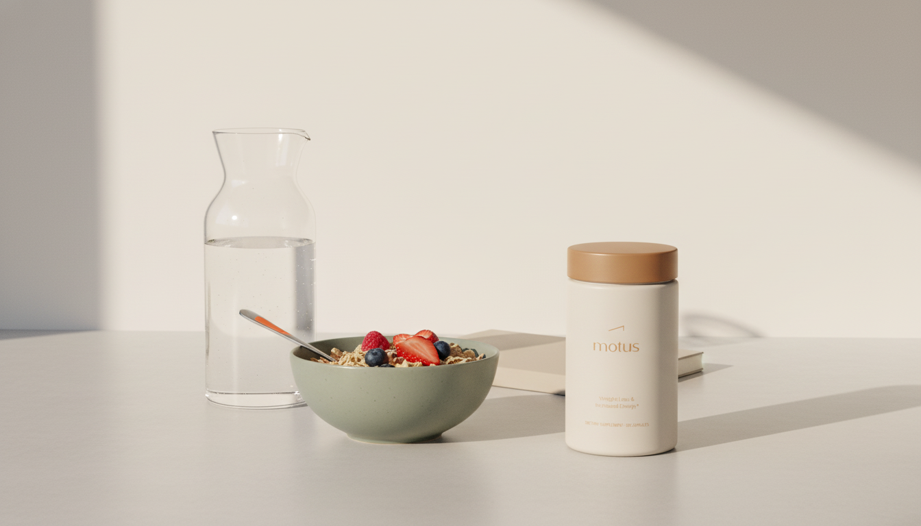 Minimalist morning kitchen scene with Tonum Motus supplement jar beside a carafe, bowl of fortified cereal with berries and a notebook — does B12 speed up metabolism