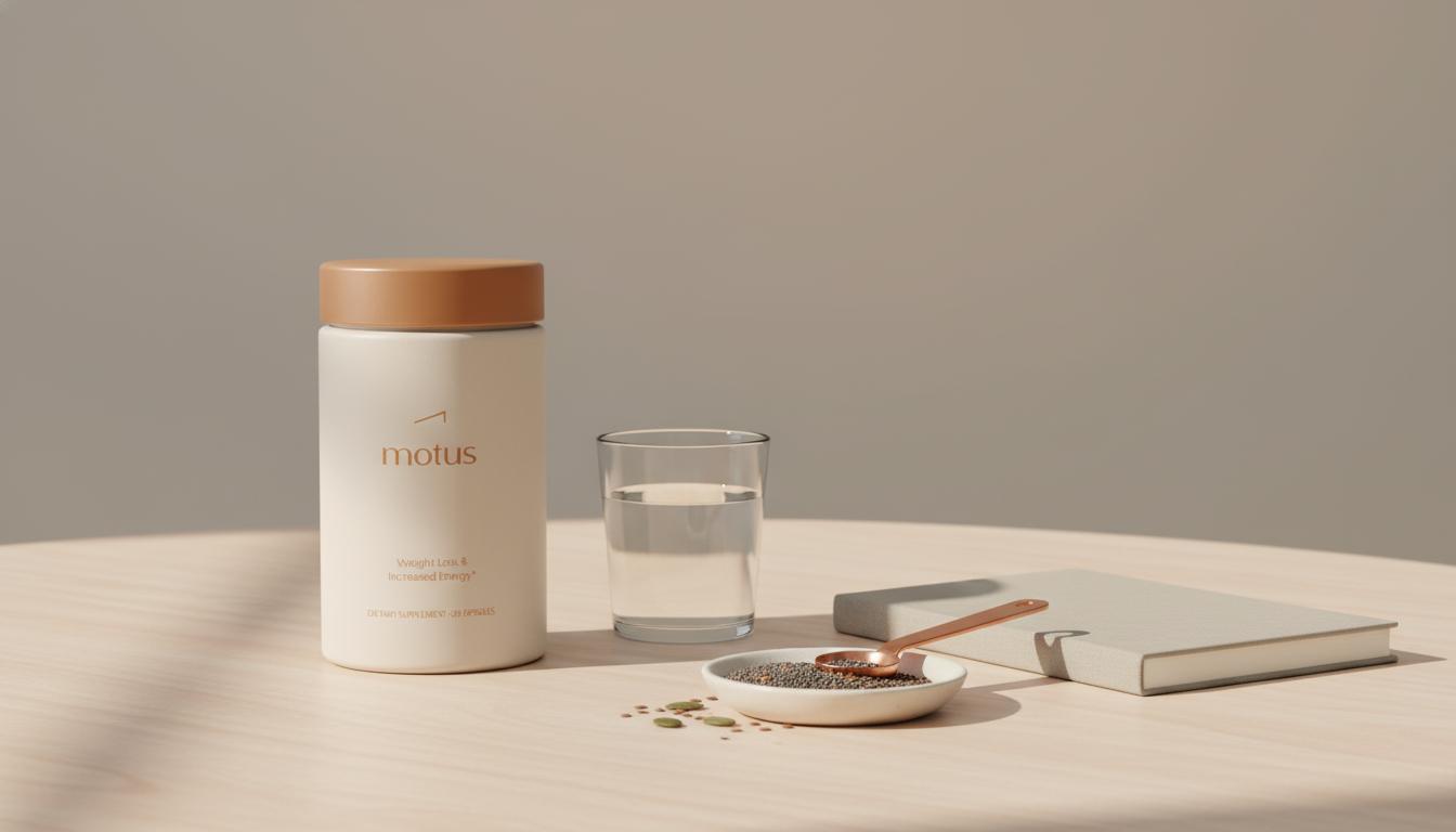 Minimal clinical-lifestyle photo of a Tonum Motus container beside a glass of water, notebook and dish of mixed seeds on a wooden table with a beige backdrop — does B12 suppress appetite