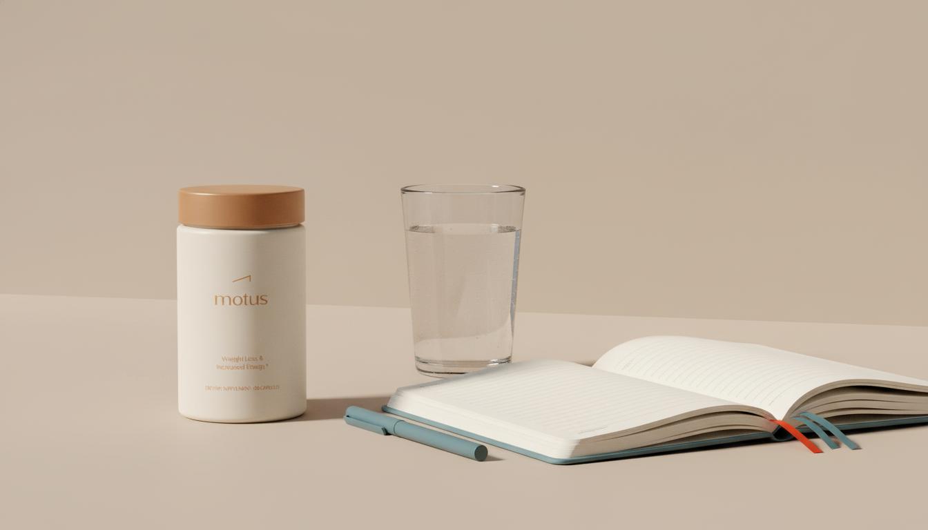 Minimalist tabletop with Tonum Motus bottle, open notebook and glass of water on beige background, calm scientific mood emphasizing tracking and evidence-based choices — does berberine increase weight