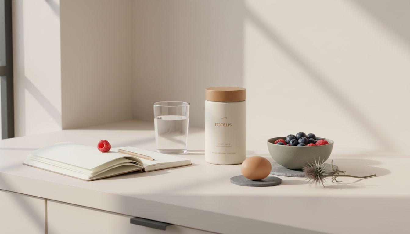 Tonum 'Motus' supplement jar on a minimalist kitchen counter with berries, egg and milk thistle cues beside a notebook — does CLA affect the heart