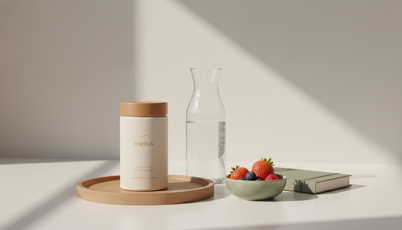 Minimalist kitchen scene with Tonum supplement jar on a wooden tray beside a carafe, bowl of berries and a journal — Does CLA burn belly fat