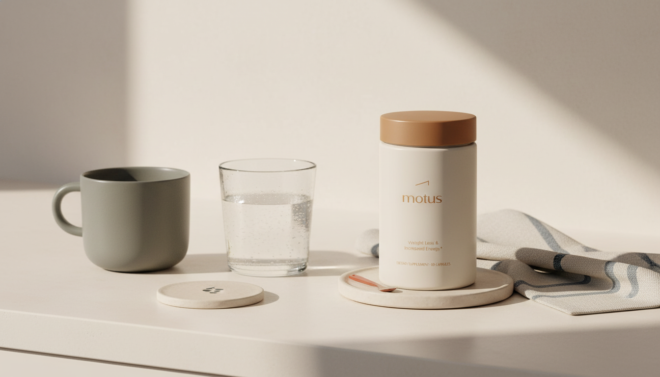 Minimal morning kitchen scene with Motus supplement jar beside a cup of coffee and glass of water, evoking ritual and science-backed habits — does coffee burn fat