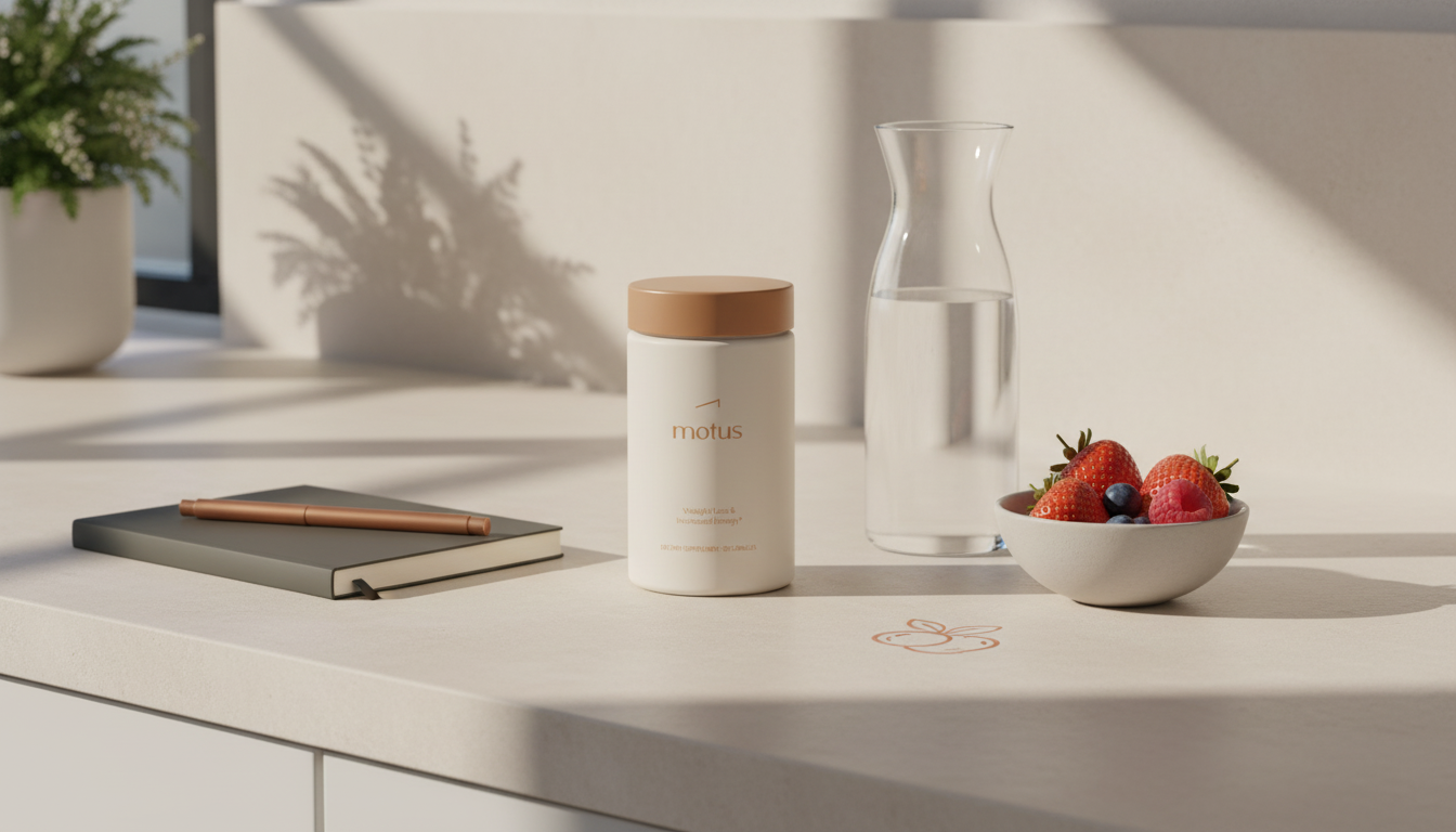 Minimal sunlit kitchen counter with Tonum Motus jar beside a glass carafe, bowl of berries and a notebook in Tonum brand colors — does creatine burn fat