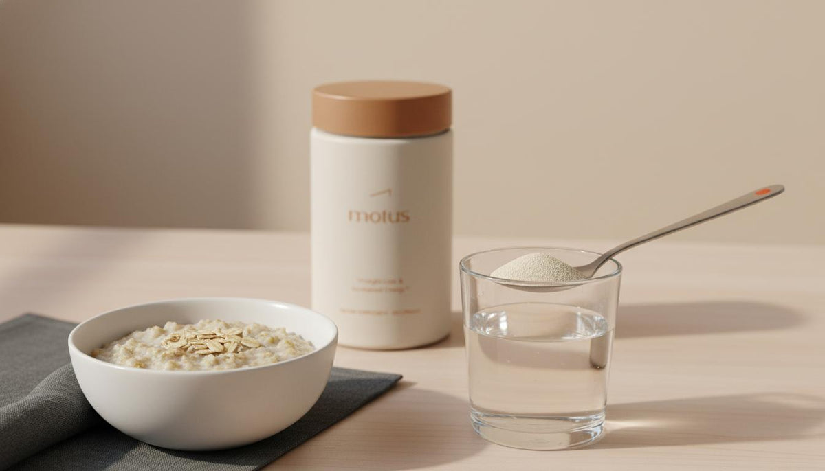Minimalist still-life of oats, a glass of water with a heaping spoon of psyllium, and a Tonum Motus container on a soft beige tabletop — does fiber slow down hunger
