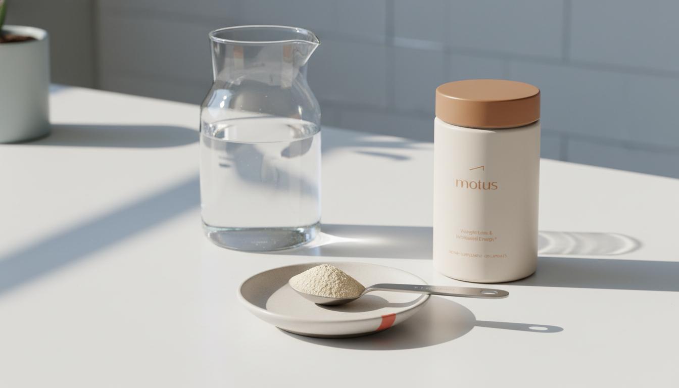 Minimalist clinical banner with glass carafe, measuring spoon of psyllium powder on a porcelain dish and Tonum Motus container on a clean counter — does fiber suppress your appetite