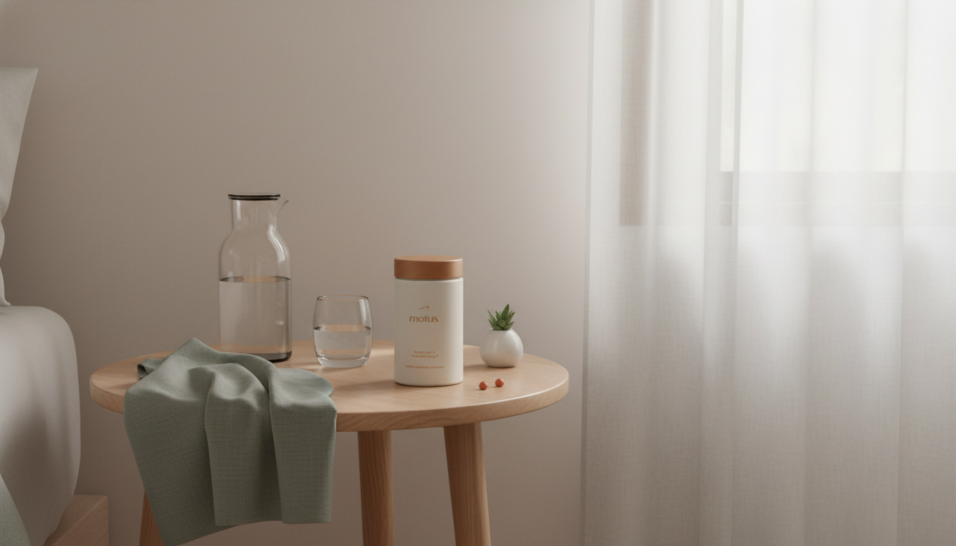 Minimalist bedside scene with Tonum Motus supplement jar, glass carafe and folded blanket on pale #F2E5D5 background — Does GOLO raise blood pressure?