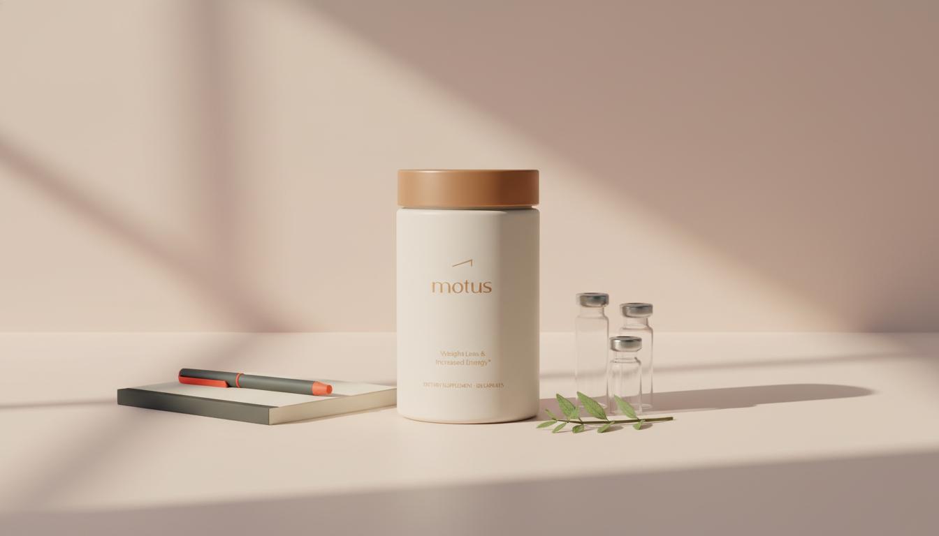 Minimalist still life of Tonum Motus container with lab vials, botanical sprig and research notebook on a #F2E5D5 backdrop — does golo release work to lose weight