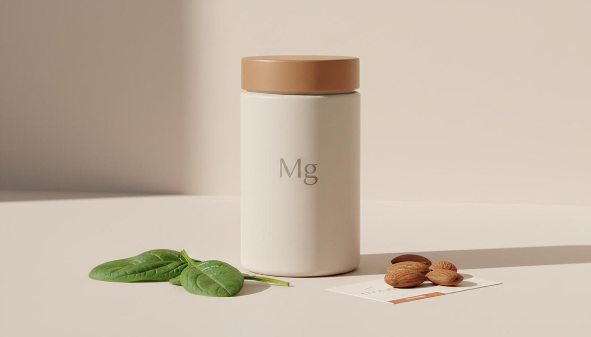 Minimalist still life of Tonum supplement container with subtle magnesium symbol beside spinach and almonds on a pale beige tabletop — does magnesium increase dopamine