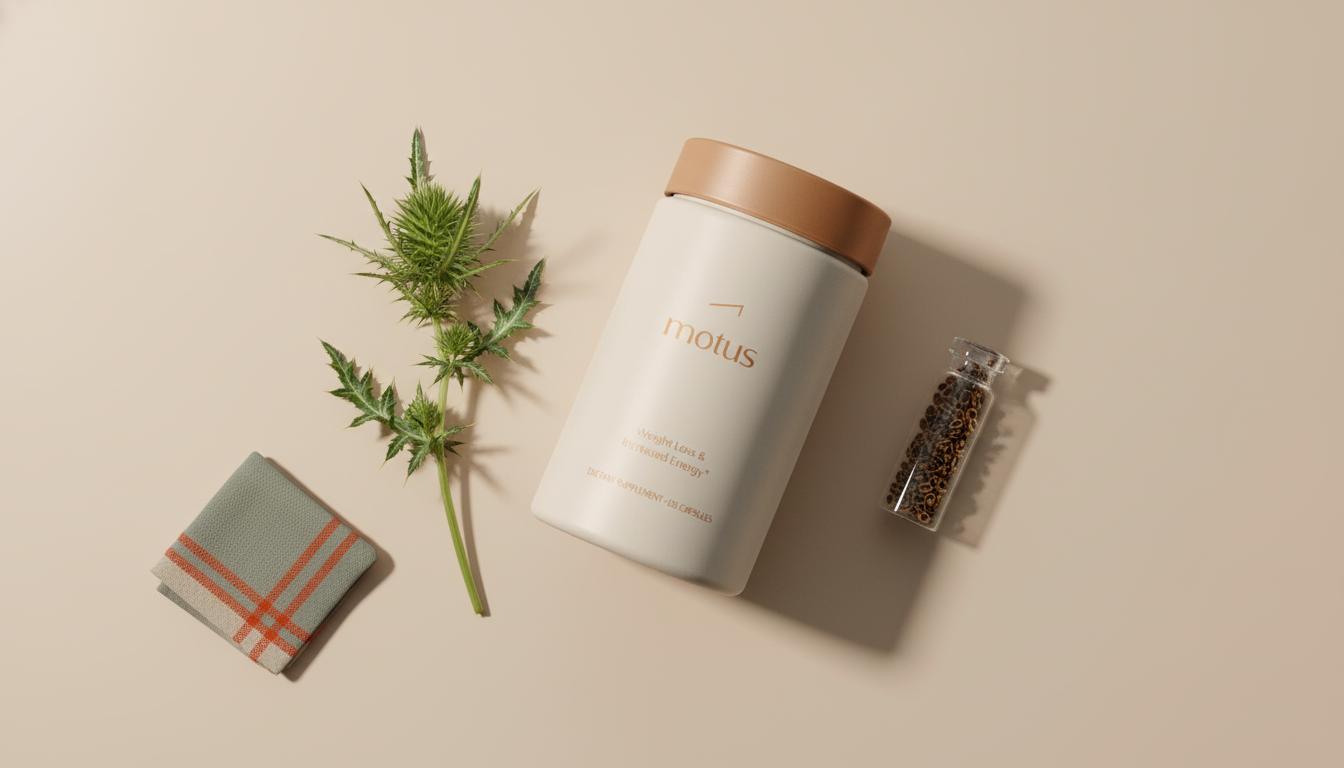 Minimal flat-lay of the Tonum supplement jar with a milk thistle sprig and a vial of dried seeds on a pale beige #F2E5D5 background — does milk thistle cleanse the liver