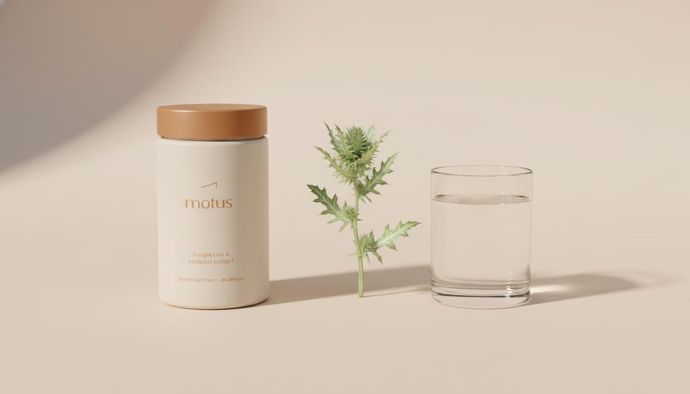 Minimalist flat-lay of Tonum 'Motus' supplement jar beside a milk thistle sprig and glass of water on beige background — does milk thistle help with weight loss?