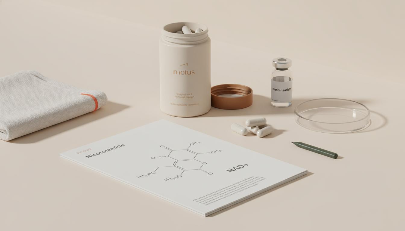 Still-life lab tabletop with nicotinamide vial, open Tonum supplement jar with neutral capsules, petri dish and NAD+ sketch — does nicotinamide increase appetite