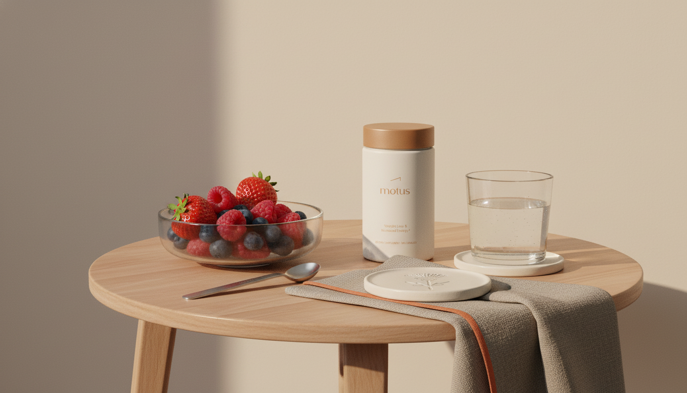 Minimalist breakfast nook with Tonum Motus supplement jar beside a bowl of berries and a glass of water on beige background — Does OxyShred work visual for health and supplementation.