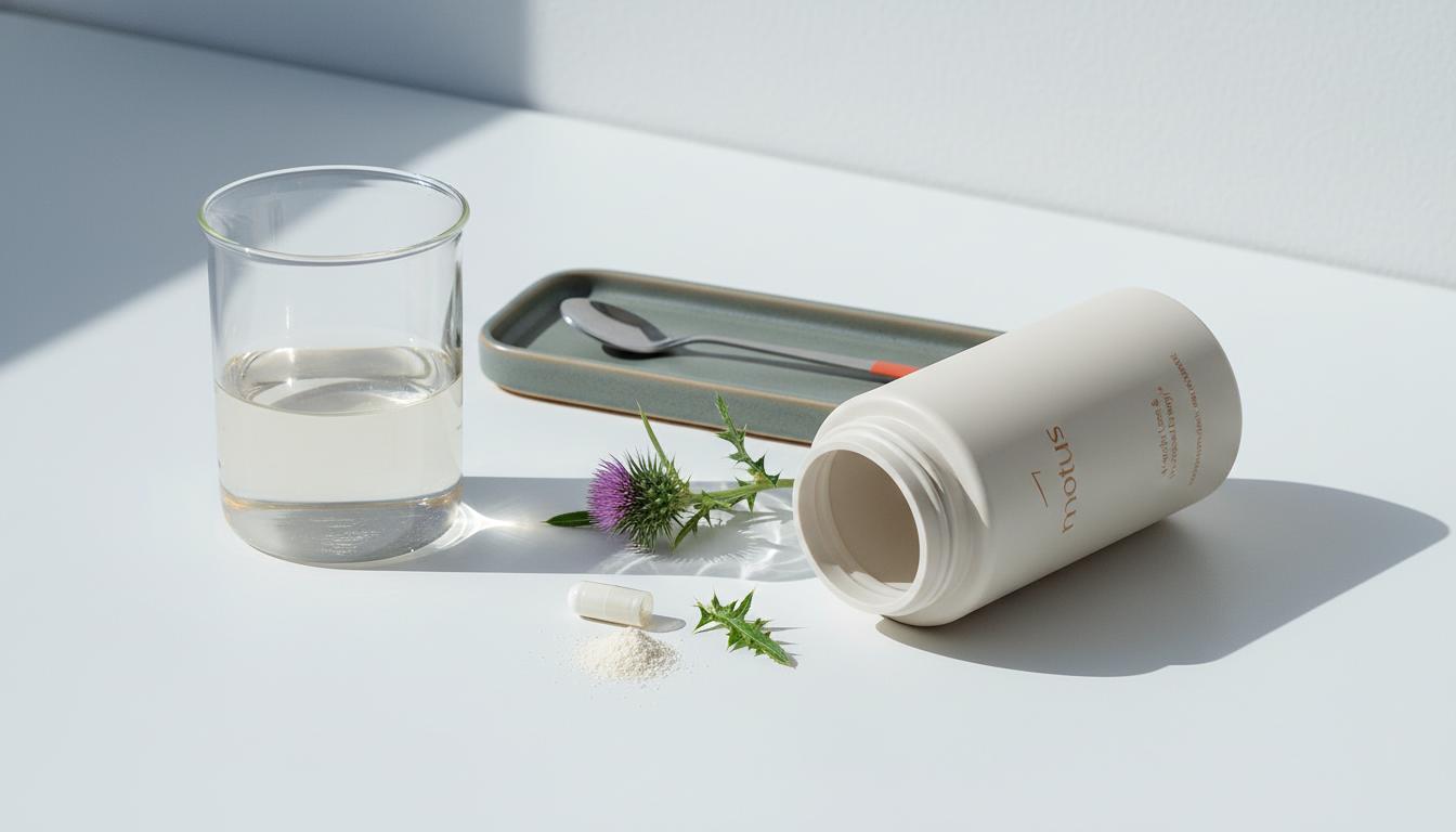 Close-up minimalist still life of Tonum supplement jar, glass beaker and milk thistle sprig on a #F2E5D5 lab surface — Does silymarin repair the liver?