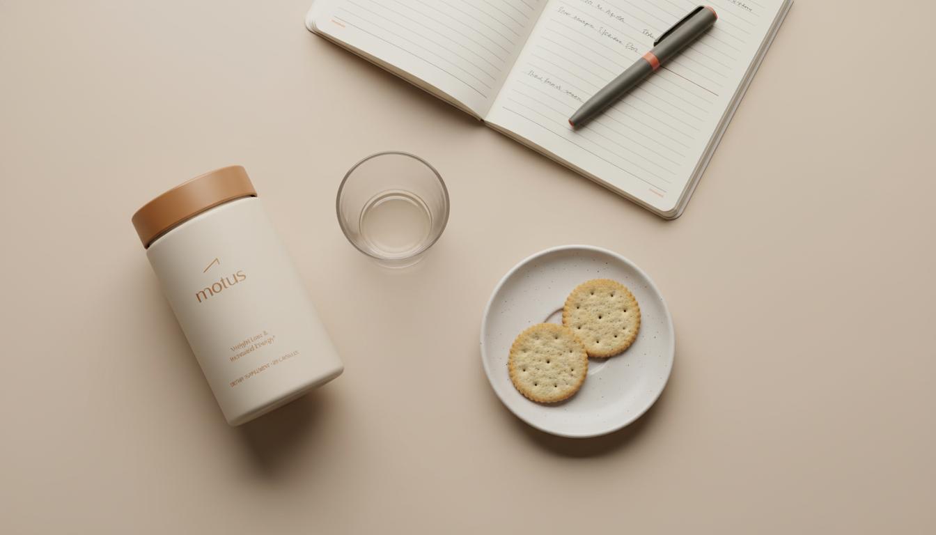 Flat-lay of Tonum supplement jar from reference photo with glass of water, notebook, pen and plate of crackers on pale beige background suggesting gentle digestion — does taurine cause diarrhea