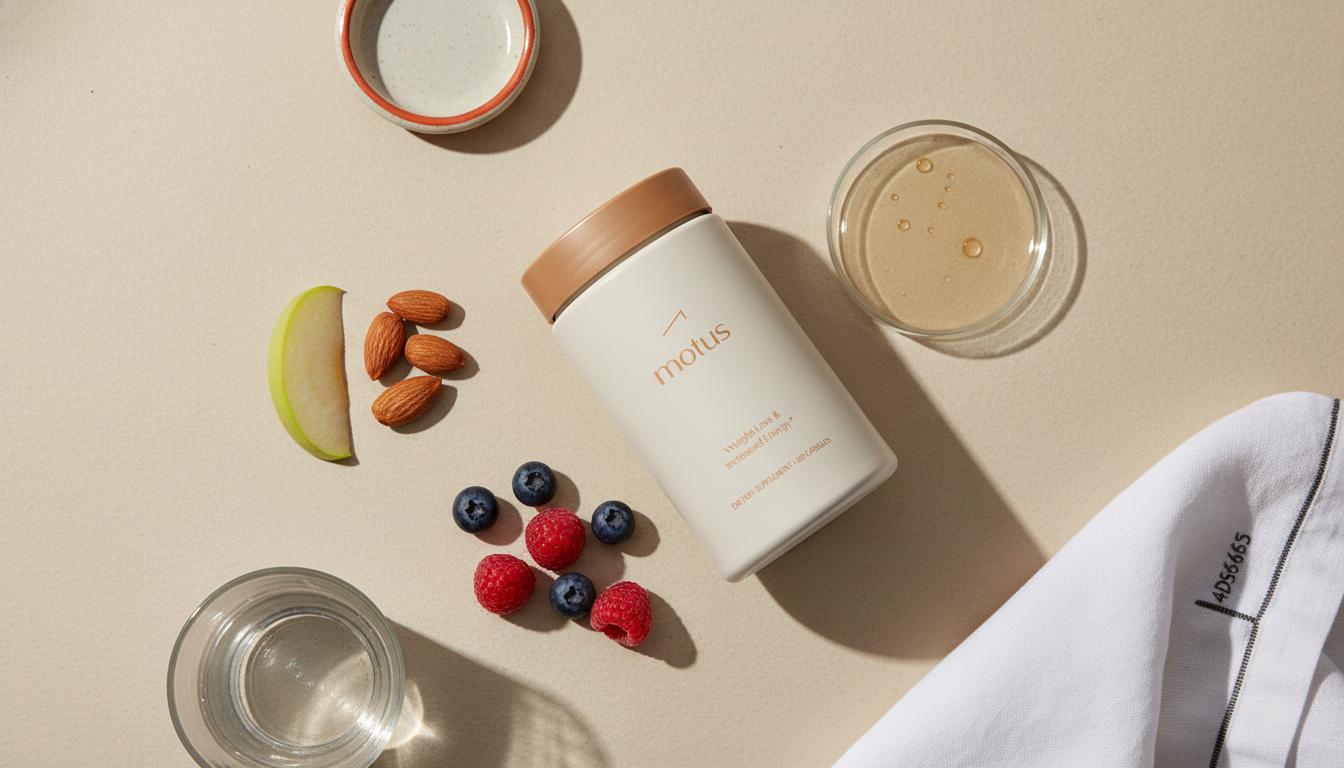 Minimalist still-life of Tonum supplement container with berries, apple slice, almonds, petri dish and glass of water, focused on does vitamin B12 stop sugar cravings