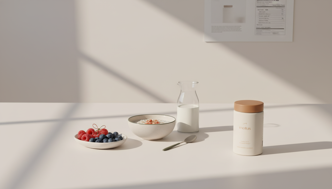 Minimalist kitchen island breakfast scene with oats, berries, milk and Tonum supplement jar, a calm clinical health setting illustrating the downsides of mass gainers.