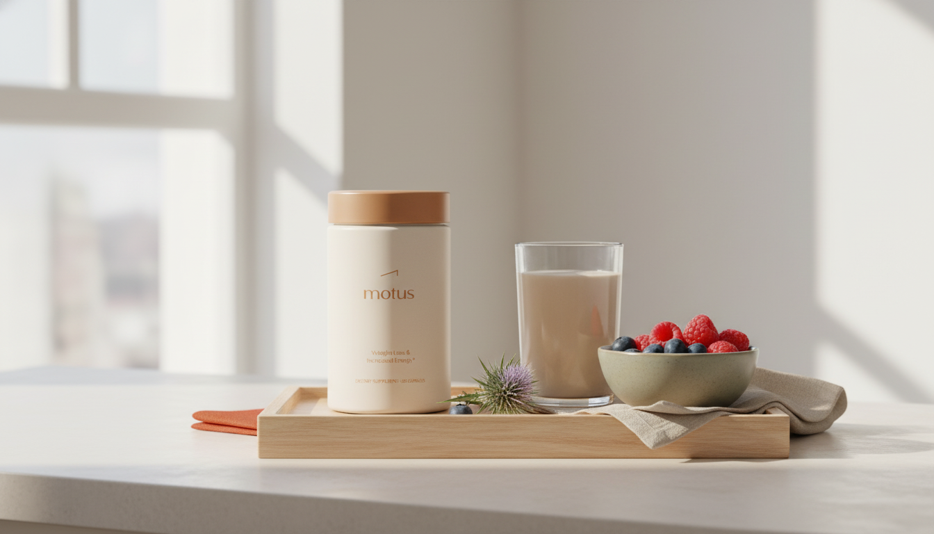 Minimal kitchen counter with Motus supplement jar, creamy shake, mixed berries and milk thistle on beige linen — drink shakes to lose weight