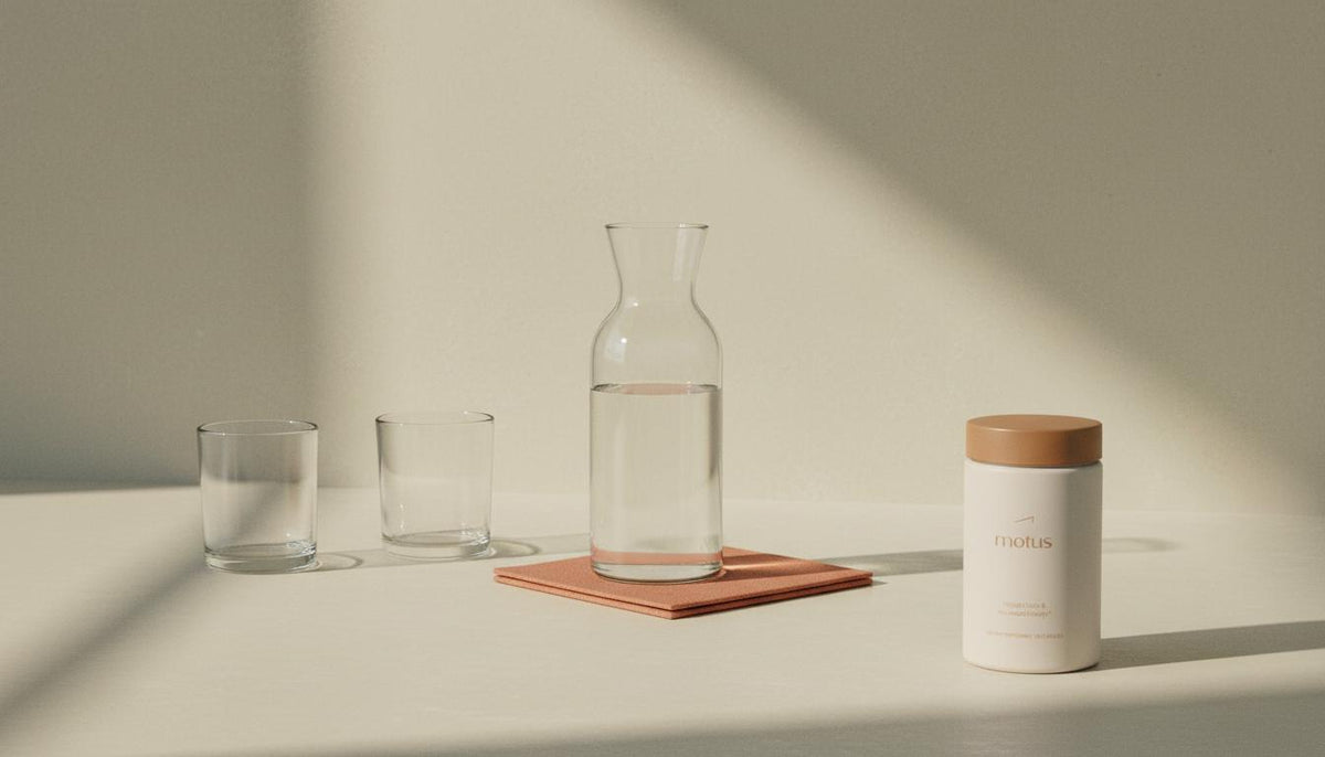 Minimalist kitchen counter with a glass carafe and two glasses of water beside a Tonum Motus supplement container, emphasizing drinking water for weight loss
