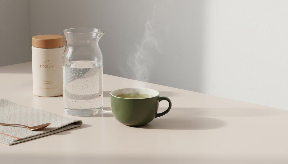 Minimalist morning hydration scene with a glass carafe and ceramic cup of green tea and a subtle Tonum electrolyte container at the side — drinks for brain fog