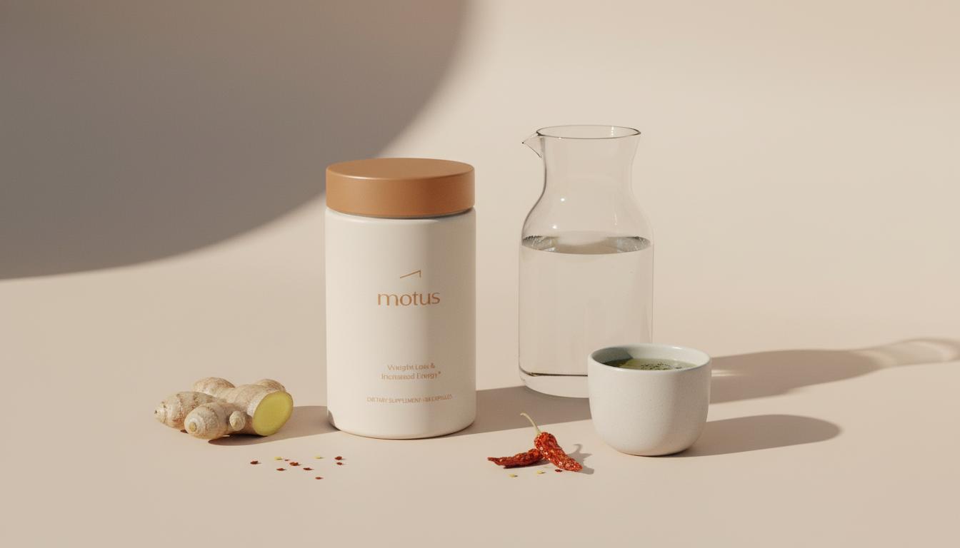 Motus supplement jar with carafe of water, green tea cup, ginger and chili flakes on pale beige background — drinks that boost your metabolism