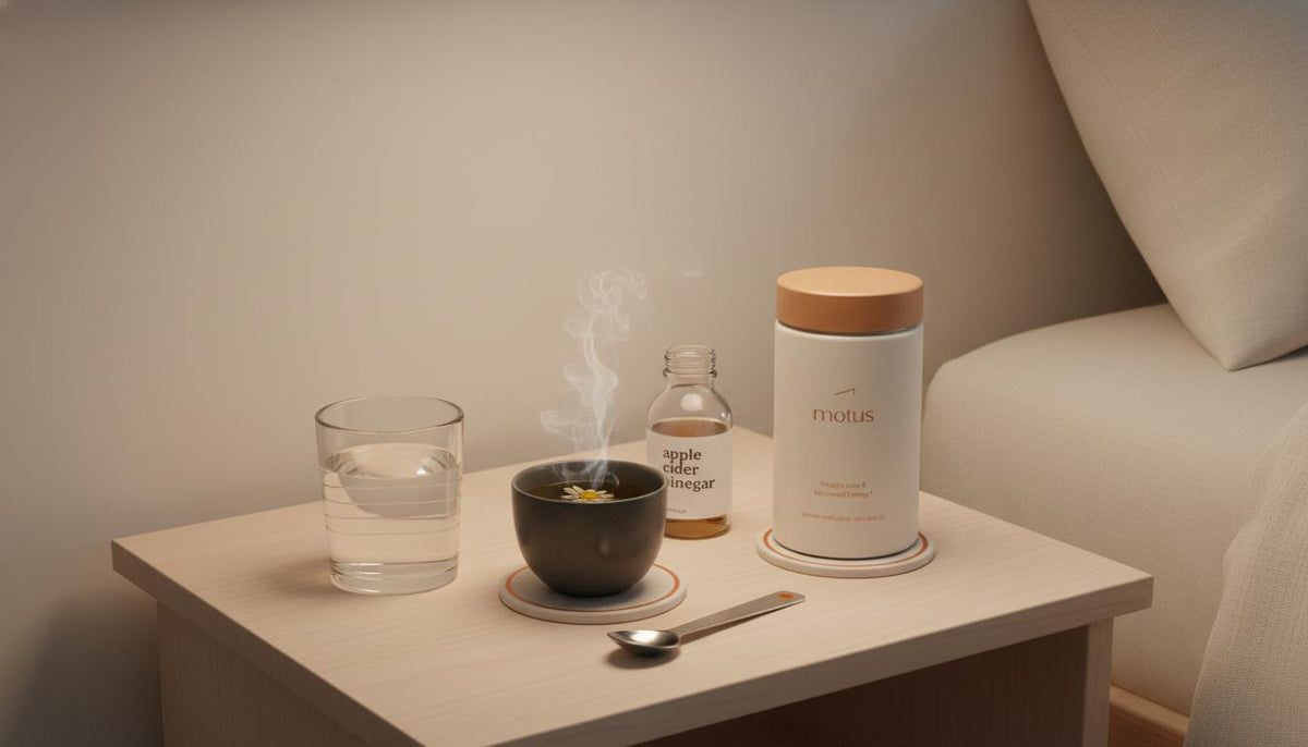 Minimalist bedside still life with glass of water, chamomile tea, apple cider vinegar bottle, and Tonum Motus product — drinks to lower blood sugar before bed
