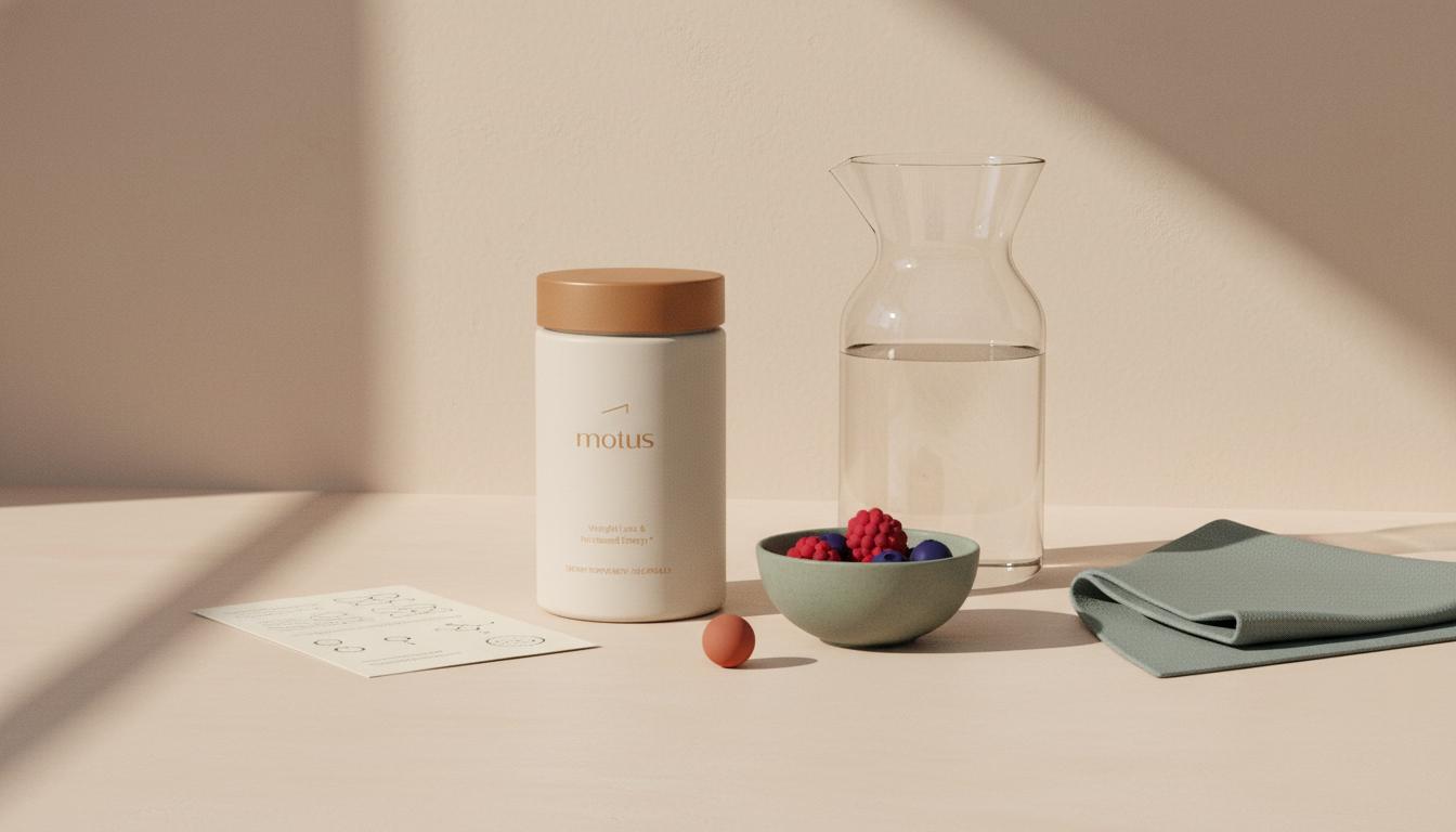Minimalist countertop scene with Tonum Motus supplement jar beside a glass carafe, bowl of berries and a folded research pamphlet on a warm neutral background – drinks to reduce belly fat