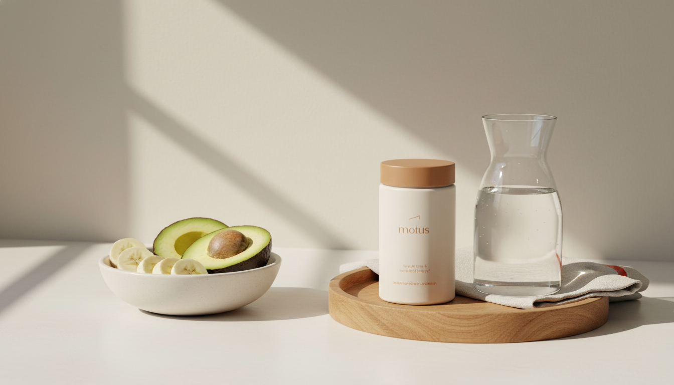 Minimal kitchen still life with Motus supplement jar on a wooden tray, glass carafe of water, and bowl of banana slices and avocado halves — designed to drop water weight fast in a calm Tonum style.