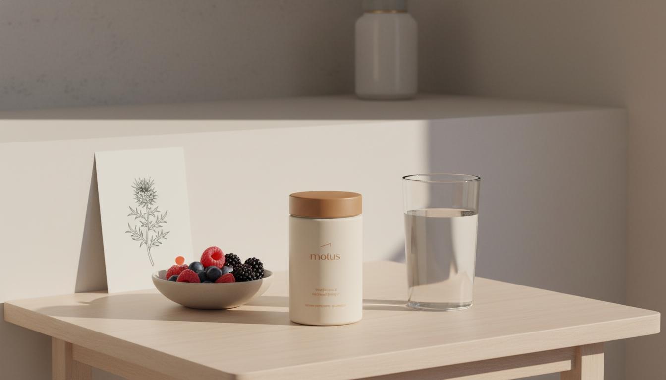 Minimalist kitchen scene with Tonum supplement jar, glass of water, bowl of berries and milk thistle illustration on wooden table, highlighting culturelle probiotics benefits