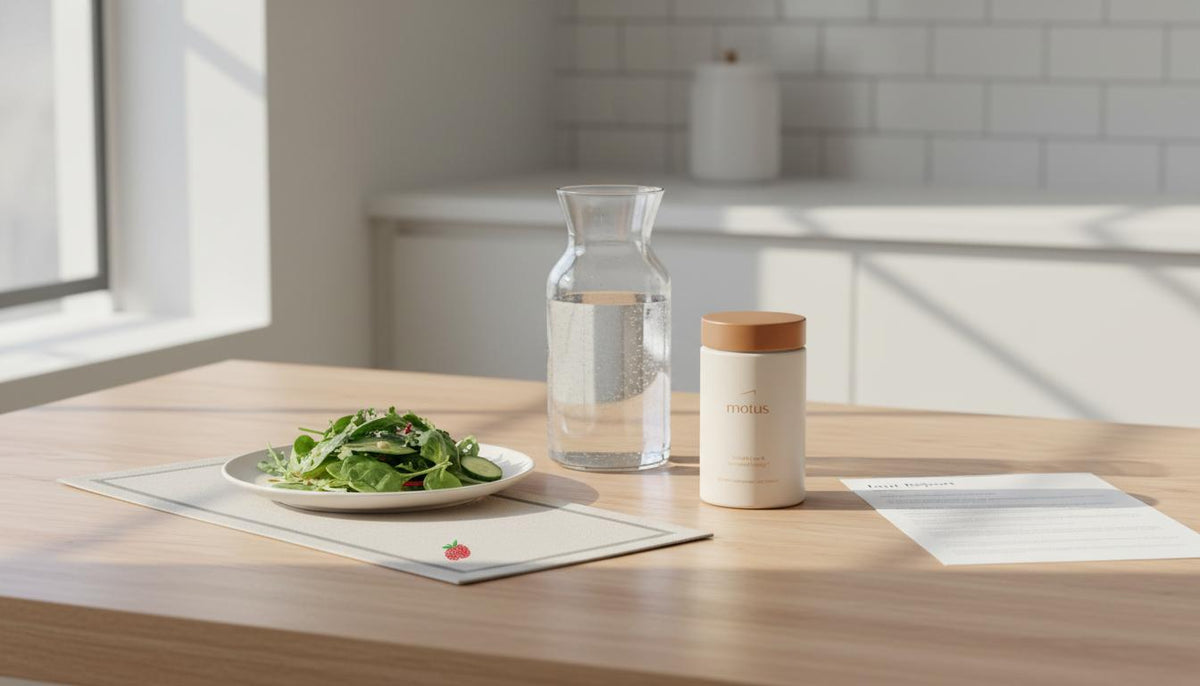 Minimal kitchen still life with Tonum Motus supplement jar, salad plate, glass carafe and folded lab report evoking metabolic balance 8 rules and a clinical lifestyle.