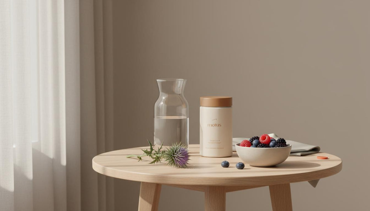 Minimalist bedside scene with Motus supplement jar, glass carafe, bowl of berries and milk thistle in Tonum tones — how long to lose 20 pounds on keto