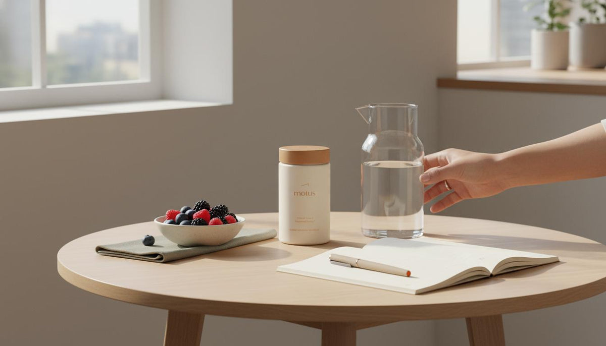 Minimal morning kitchen scene with Tonum Motus jar, bowl of berries and carafe of water on a round table — is there an oral pill like Ozempic explored through supplements