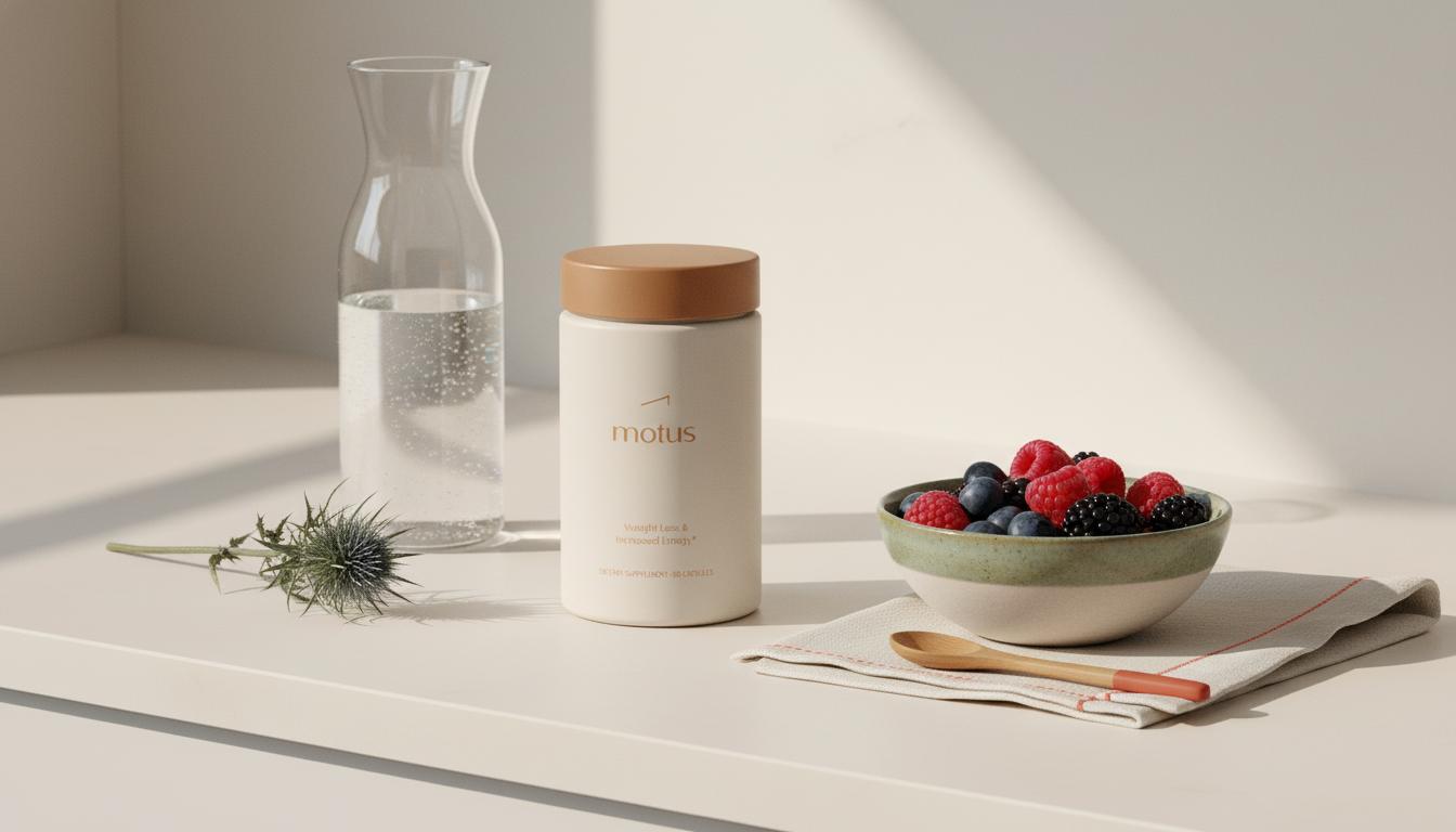 Minimal kitchen counter with Tonum Motus supplement jar beside a bowl of berries, milk thistle sprig and glass carafe in Tonum colors — CLA contraindications