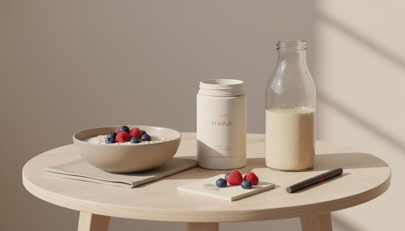 Minimalist bedside table with a bowl of oats and berries, an open Motus supplement jar and a chilled meal replacement shake in a glass bottle, styled for health content.