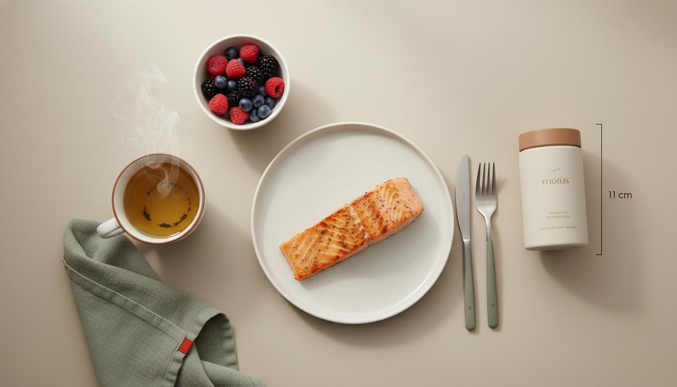 Overhead minimalist kitchen table with mixed berries, grilled salmon, green tea and a discreet Tonum supplement jar — how to increase brain power