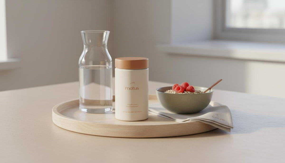 Minimalist morning kitchen scene with Tonum Motus bottle on a wooden tray beside a carafe and bowl of berries and oats, illustrating does chromium reduce belly fat