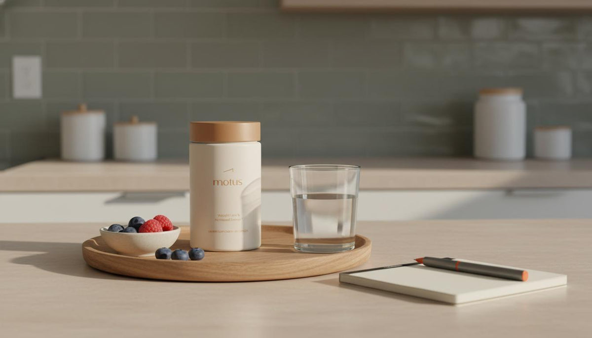Minimalist kitchen scene with Tonum Motus supplement jar on a wooden tray beside a glass of water, bowl of berries and notepad — calm morning routine for weight support, buy leptin