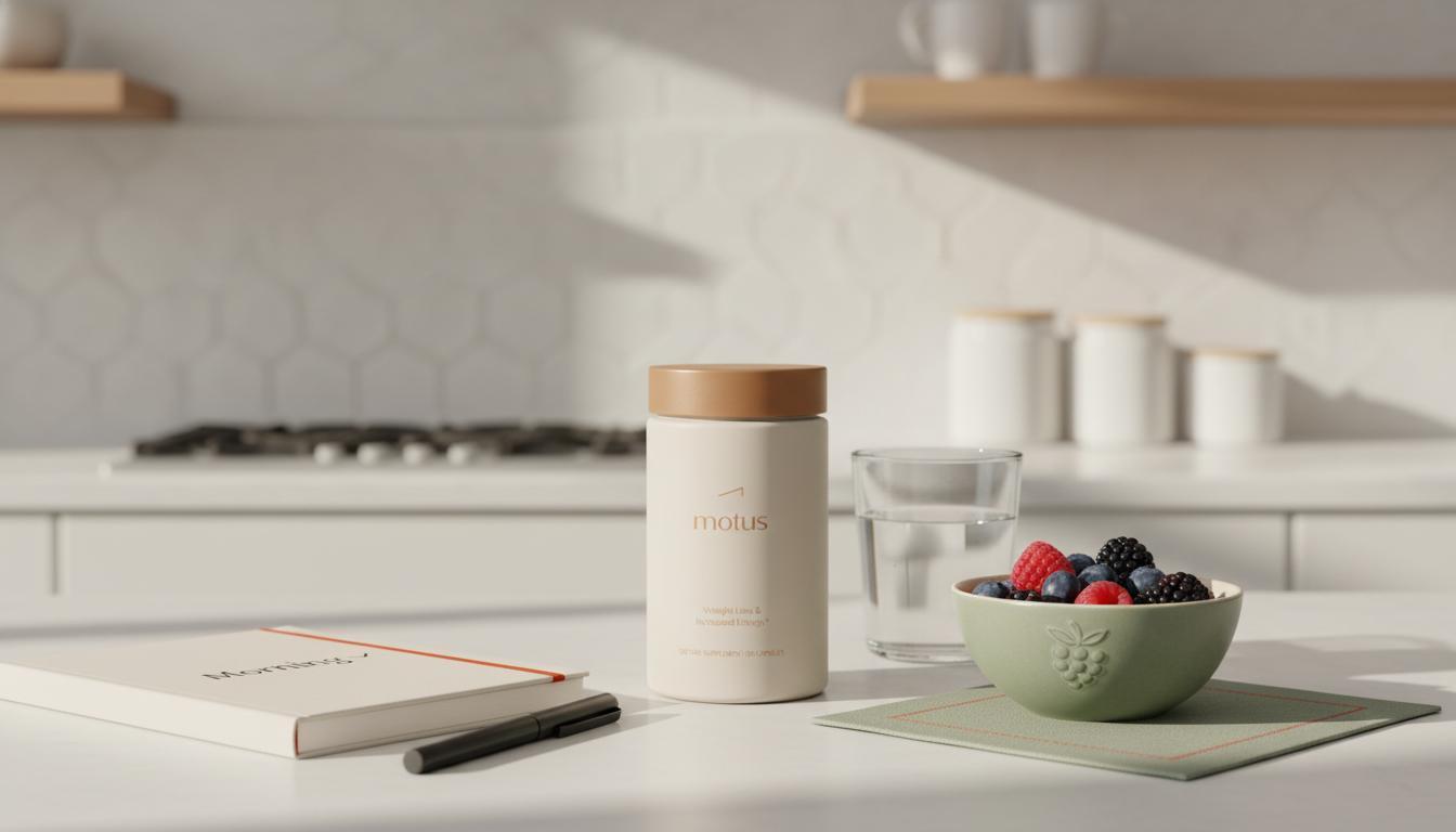Tonum Motus jar on a minimalist kitchen countertop beside a bowl of berries, a glass of water and a journal illustrating what are signs of a good metabolism?