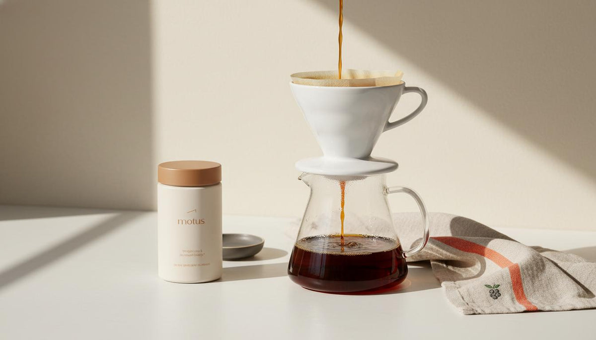 Minimalist pour-over coffee scene with glass carafe, paper filter mid-pour and Tonum Motus container, evoking healthiest coffee lifestyle and nutrition.