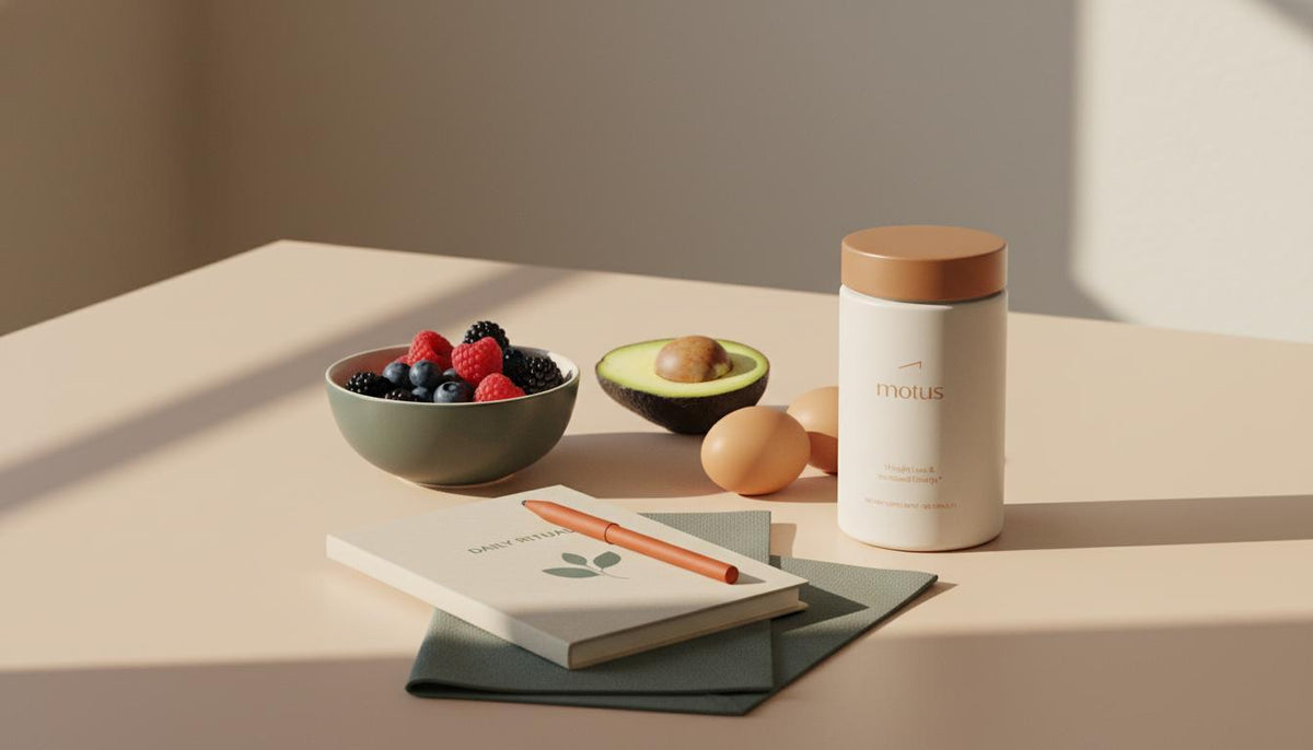 Minimalist sunlit kitchen table with Tonum supplement jar 'Motus' beside berries, avocado, eggs and a journal, conveying daily ritual and best medication for weight gain